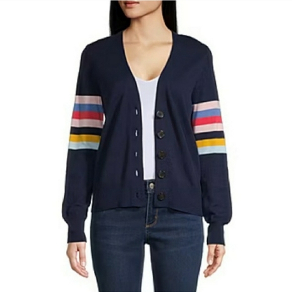 St John's Bay Womens Medium Blue Cardigan Multi-Color Stripe Sleeve  Sweater NWT - Picture 2 of 12